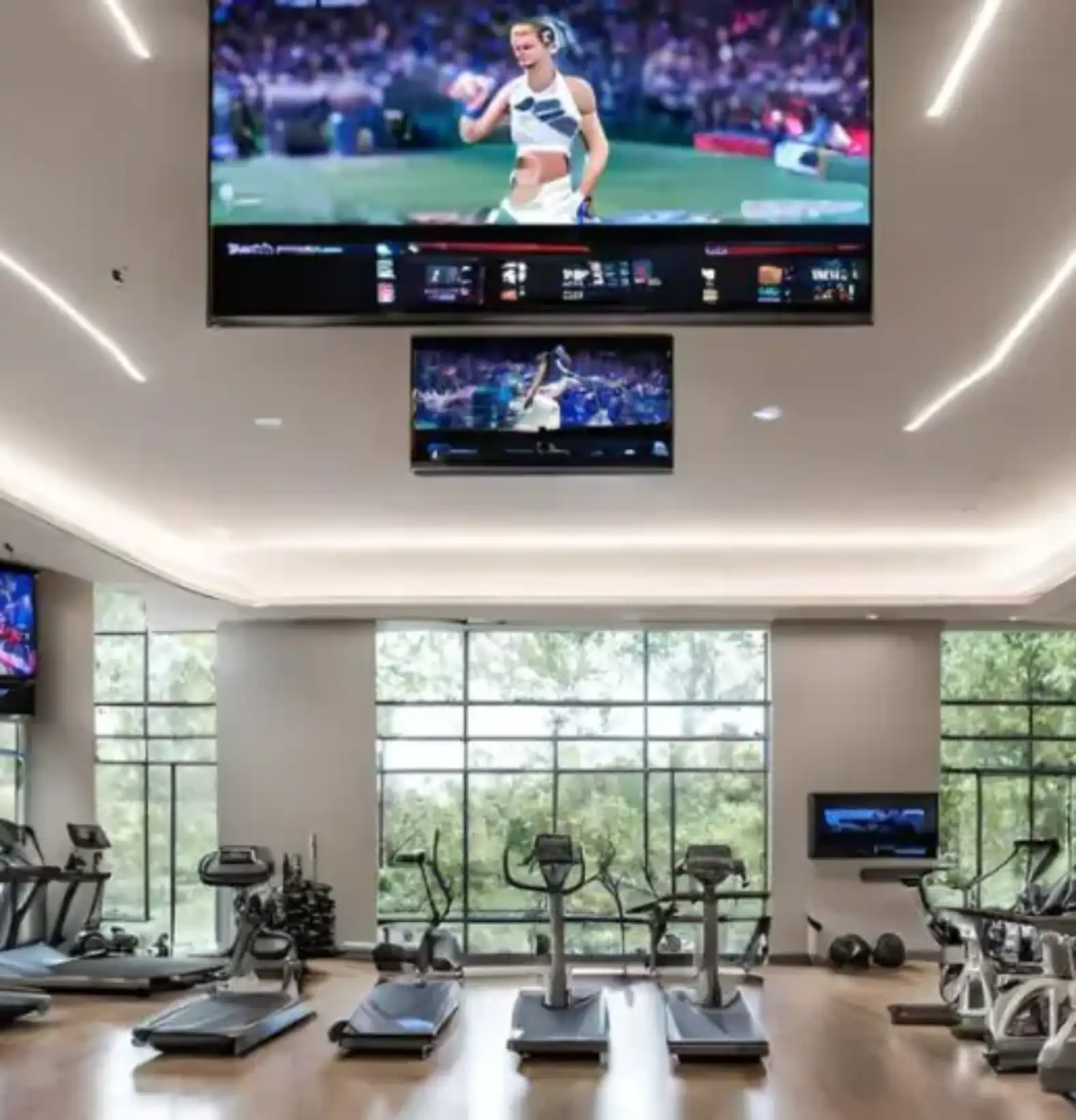 Ambiente: Academia com alunos assistindo treinos em tela digital