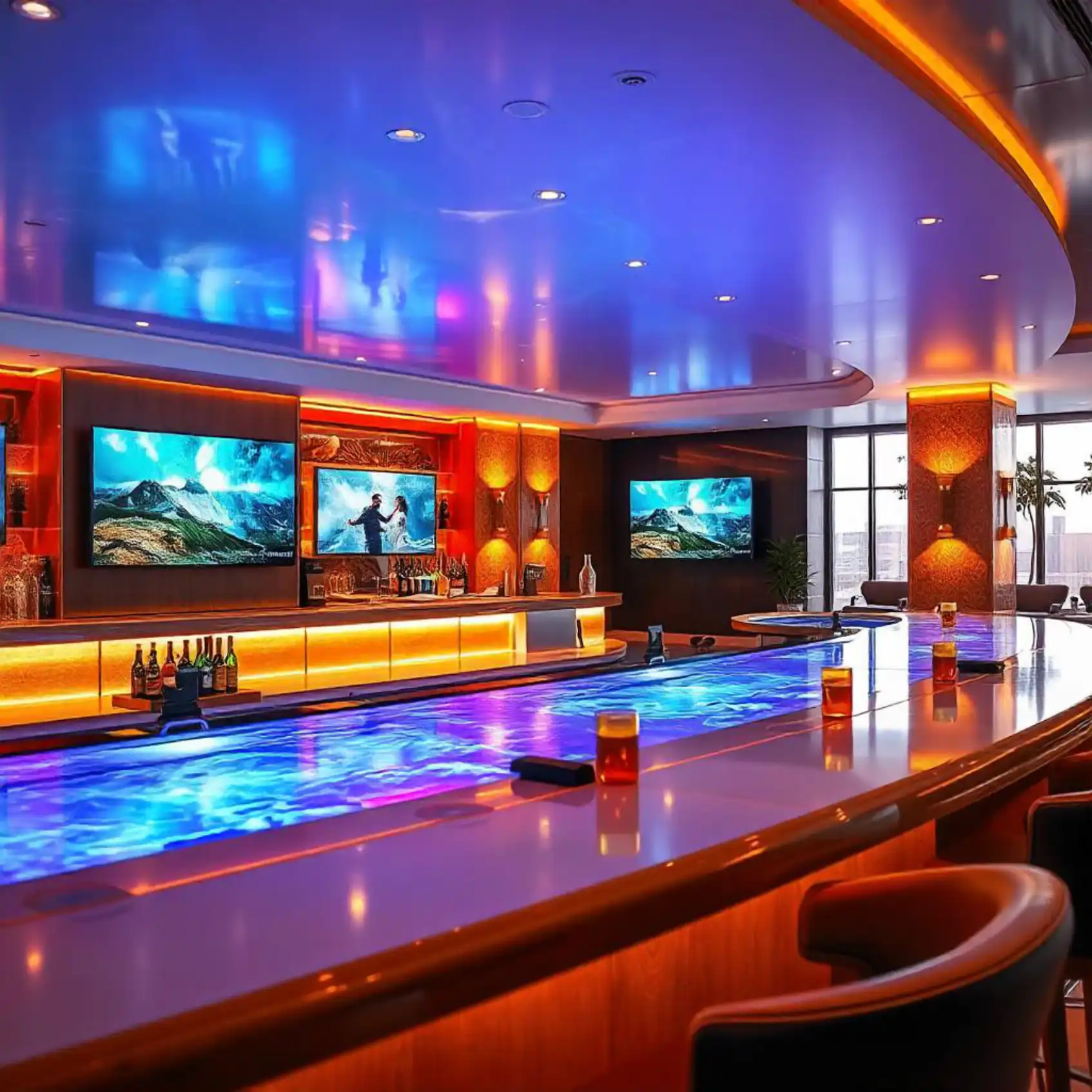 Ambiente: Hotel com lobby moderno e tela de comunicação