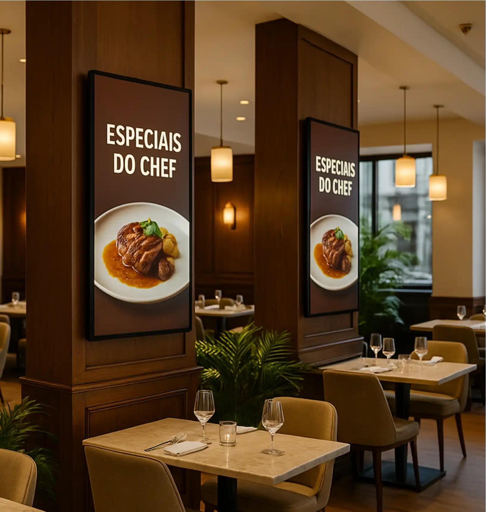 Ambiente: Restaurante exibindo cardápio digital em tela